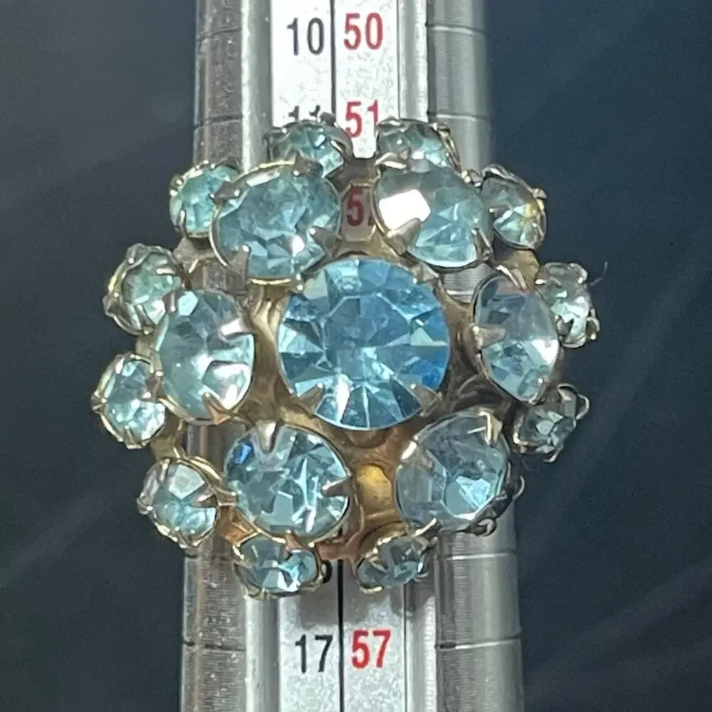Vtg Light Blue Rhinestone Cluster Statement Cocktail Ring Sz 7 Adjustable Glows